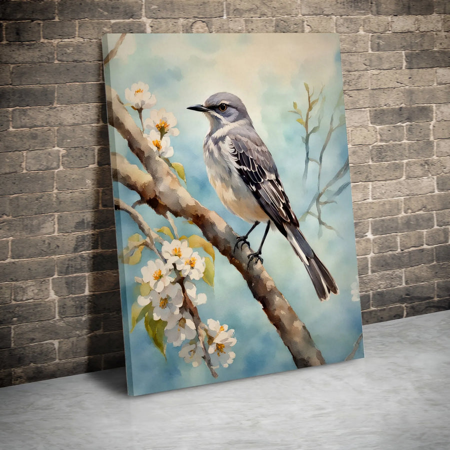 Watercolor Bird Canvas Print | Mockingbird on Flowering Branch Art | Premium Thick Gallery Wrap | Nature Lover Gift & Wall Decor