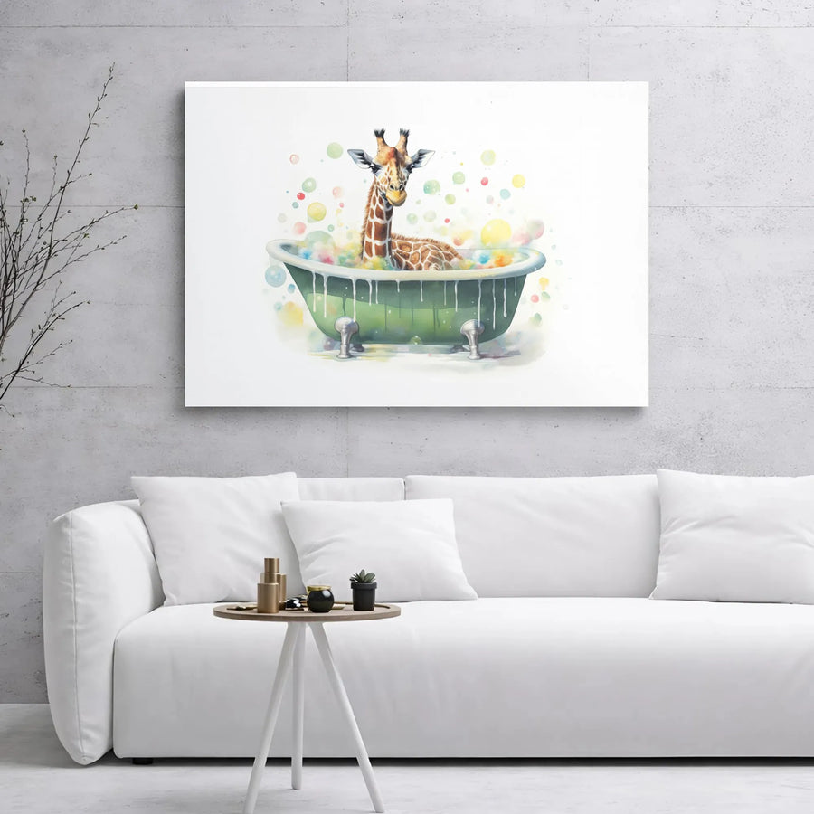 Watercolor Giraffe In Bathtub Canvas | Whimsical Animal Bathroom Wall Art | Premium Gallery Wrap Decor | Fun Nursery or Kids Room Gift Idea