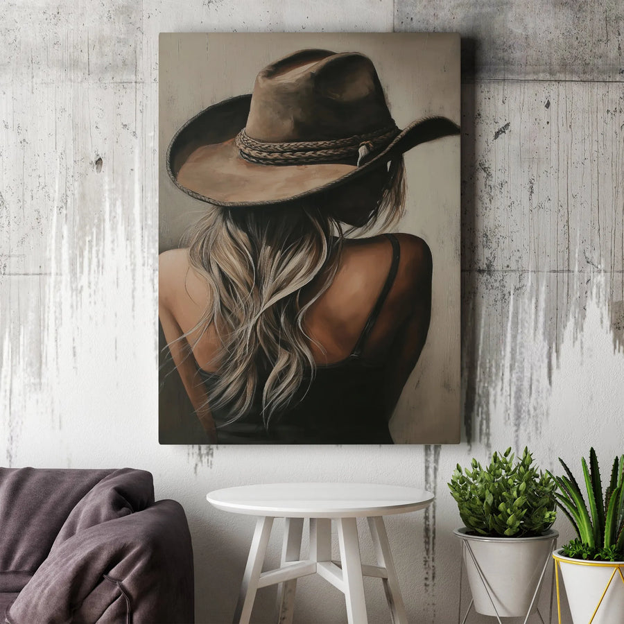 Western Cowgirl Vertical Canvas | Blonde Woman in Cowboy Hat Art | Premium Frameless Print | Modern Farmhouse & Rustic Home Decor Gift