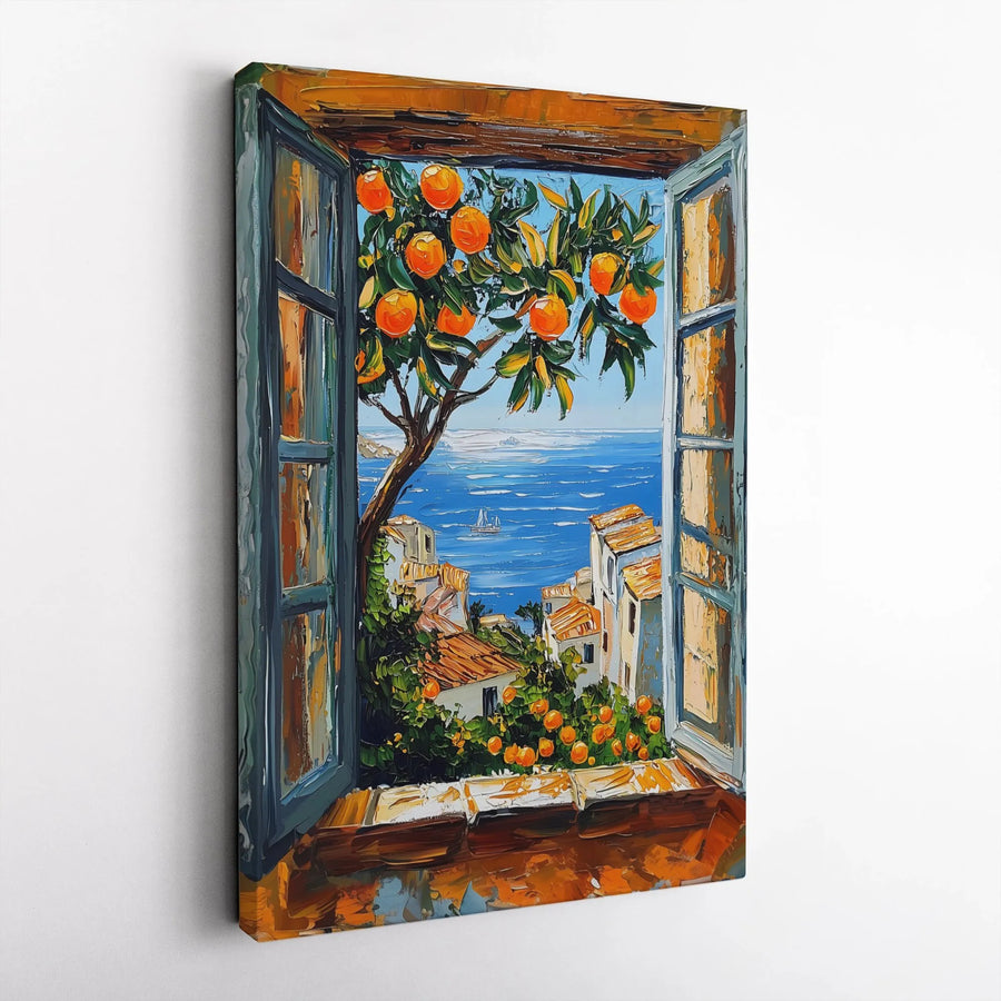 Mediterranean Window View Canvas | Orange Tree Seascape Painting | Fade-Resistant Gallery Quality Art | Coastal Home Decor Wall Print