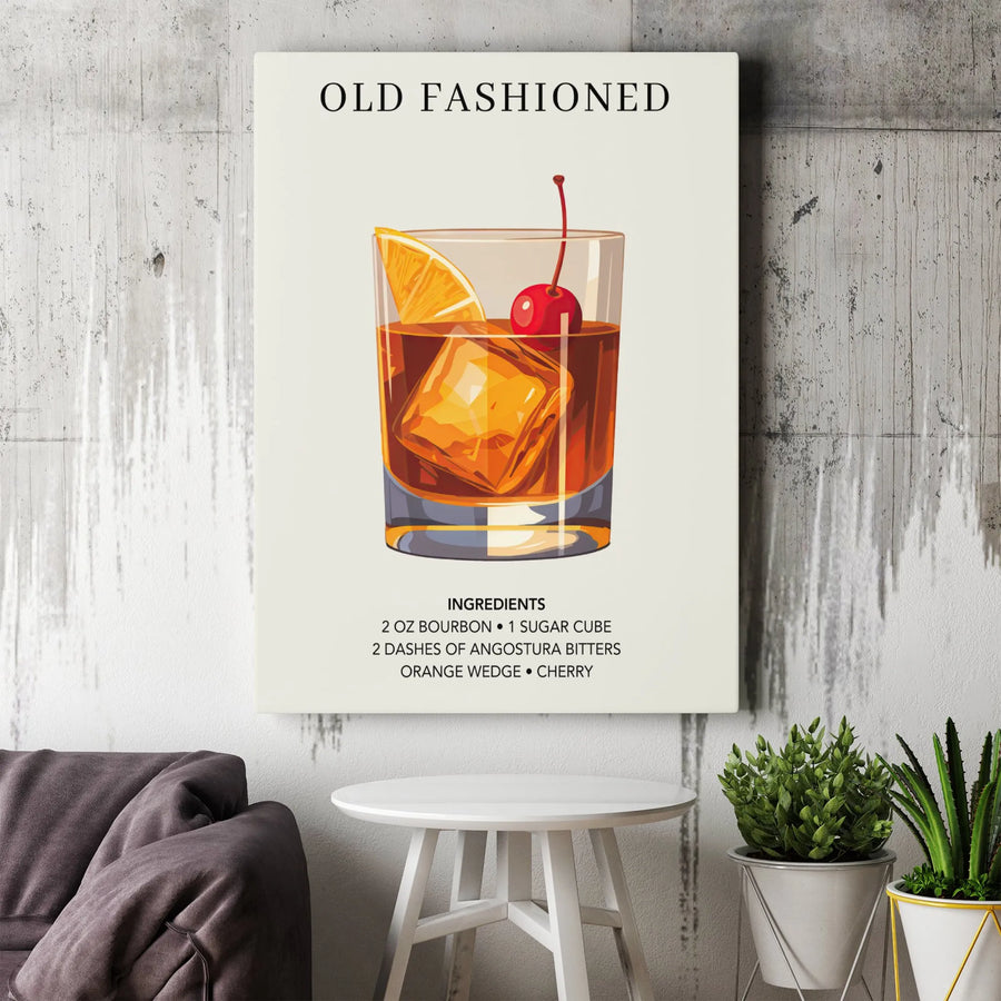 Old Fashioned Cocktail Recipe Wall Art | Minimalist Bar Decor Print | 1.25 Inch Gallery Wrap Canvas | Premium Gift for Bourbon Lovers