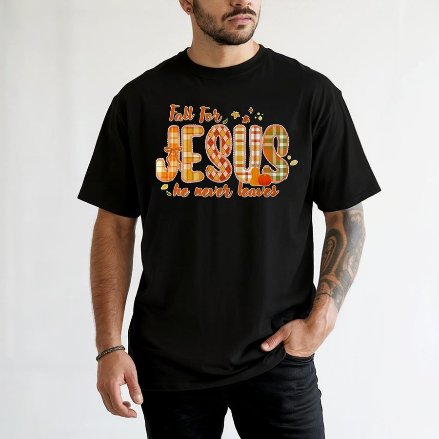 Fall For Jesus He Never Leaves T-Shirt | Plaid Pumpkin Christian Faith Design | 100% Cotton Premium Tee | Faith-Based Fall Gift for Women & Men