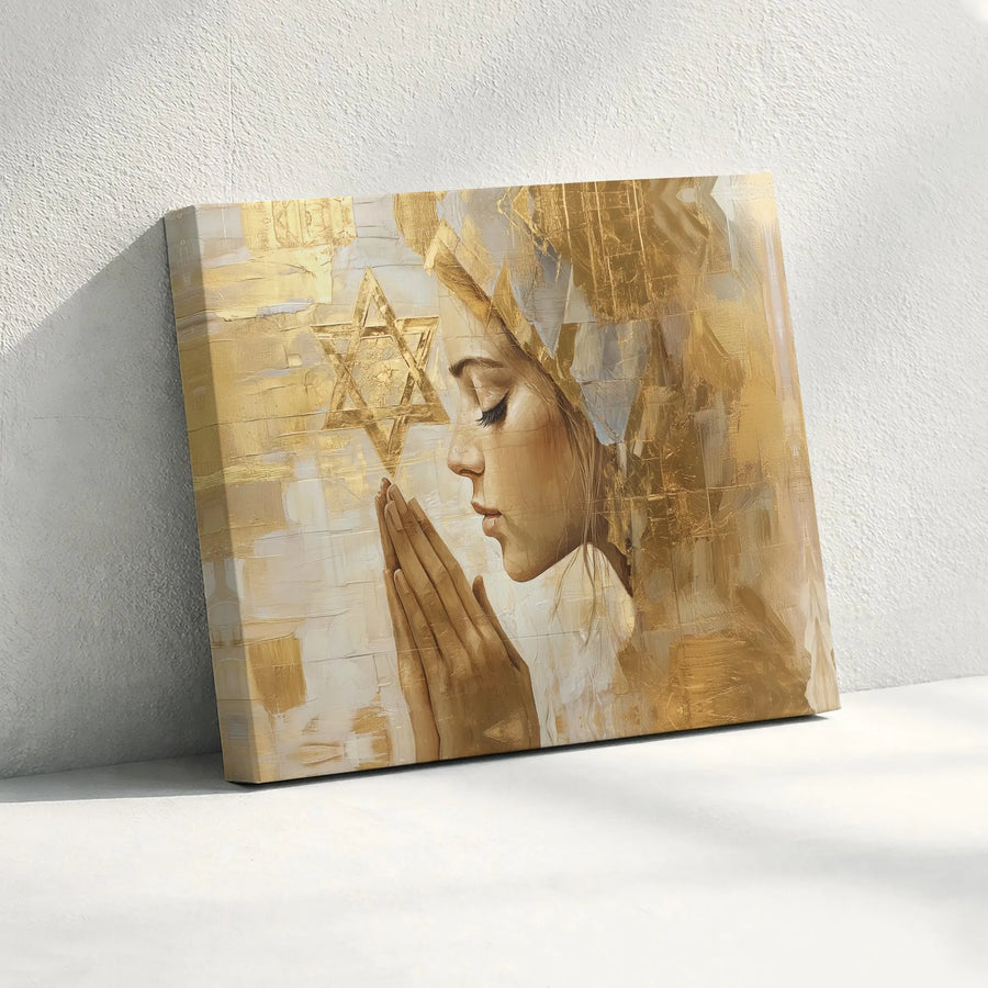 Jewish Star of David Wall Art | Praying Woman Gold Foil Aesthetic | Premium Gallery-Wrapped Canvas | Religious Home Decor Gift