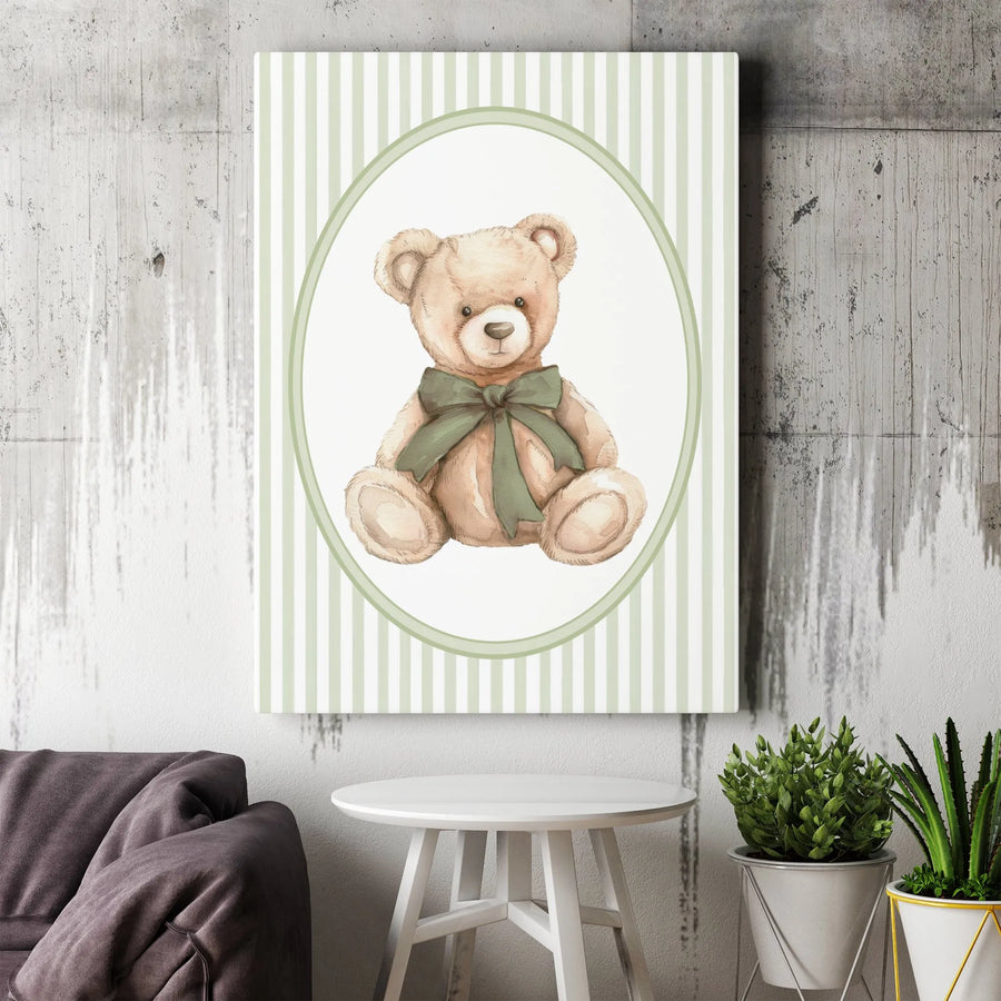Watercolor Teddy Bear Wall Art | Sage Green Bow Nursery Decor | Premium Gallery Wrapped Canvas | Charming Gift for Baby Shower or Kid Room