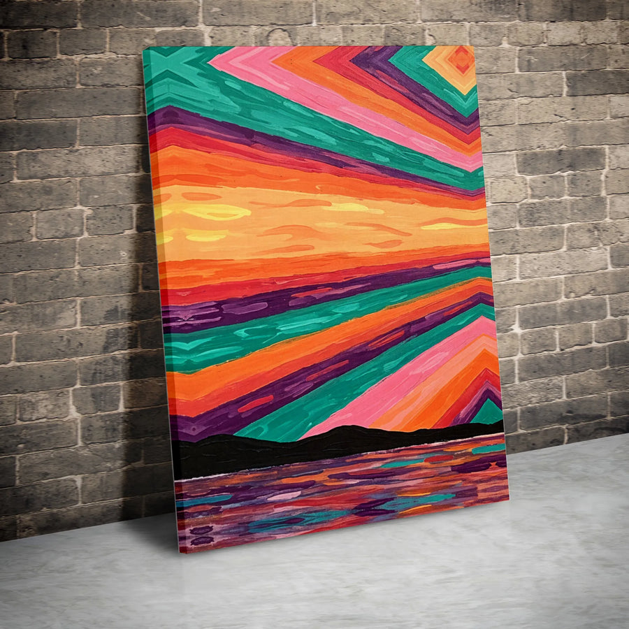 Abstract Sunset Canvas Wall Art | Vibrant Geometric Landscape Print | Premium 1.25" Thick Gallery Wrap | Modern Living Room Decor Gift