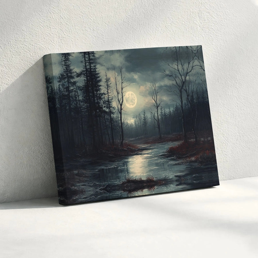 Gothic Forest Moon Canvas Print | Atmospheric Full Moon River Painting | Premium Gallery Wrap Wall Art | Dark Academia & Spooky Home Decor Gift