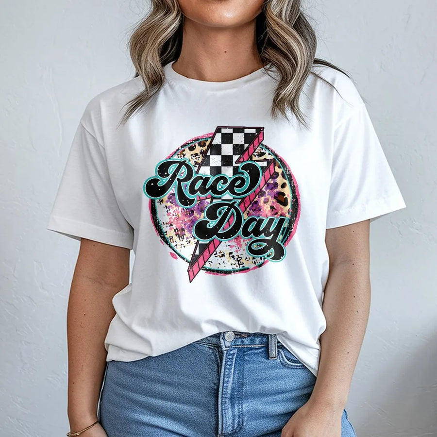 Race Day T-Shirt | Retro Leopard Print & Checkered Lightning Graphic | Soft 100% Cotton Tee | Motorsport Fan Gift for Women