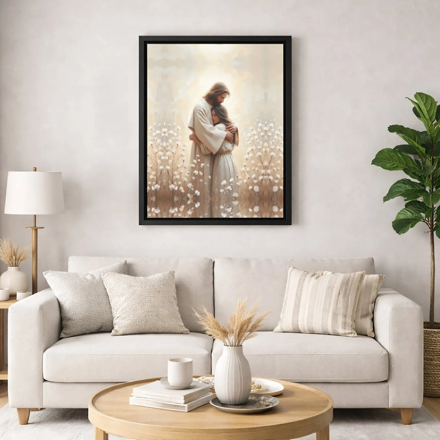 Jesus Christ Embracing Woman Canvas | Spiritual Comfort Wall Art | Premium Gallery-Wrapped Print | Meaningful Religious Gift for Home Decor