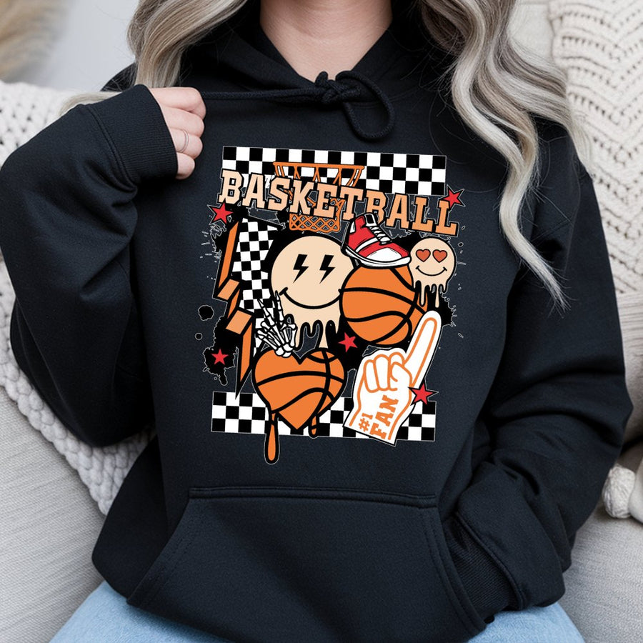 Basketball Mom Hoodie | Retro Checkerboard Drip Graphic | Cotton Blend Premium Sweatshirt | Gift for Basketball Players and Sports Fans