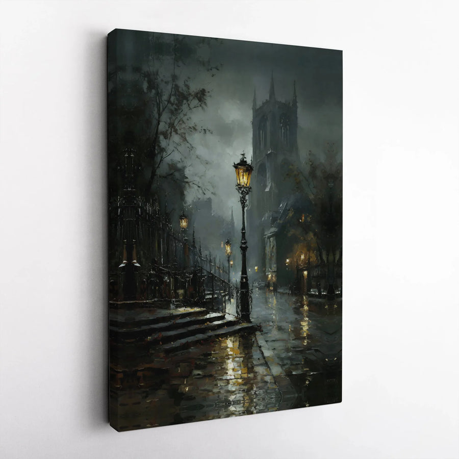 Gothic Cathedral Wall Art | Rainy Night Streetscape Print | Gallery-Quality 1.25-Inch Canvas | Moody Dark Academia Home Decor Gift