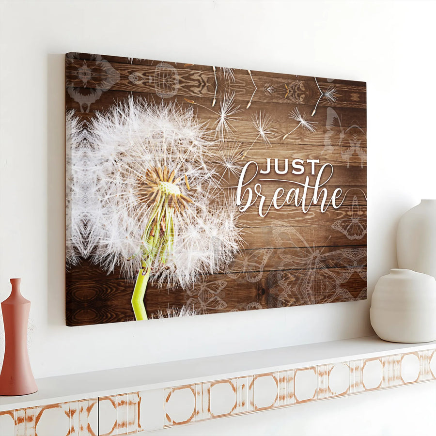 Inspirational Just Breathe Canvas Wall Art | Rustic Dandelion Print on Wood Background | Premium Gallery Wrap Canvas | Mindfulness Decor Gift for Home