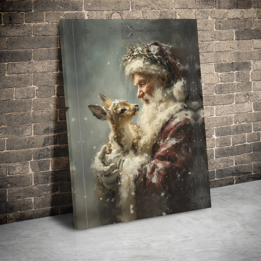 Santa Claus With Baby Deer Canvas Art | Rustic Christmas Wall Decor | Premium Gallery Wrap Print | Festive Holiday Home Gift