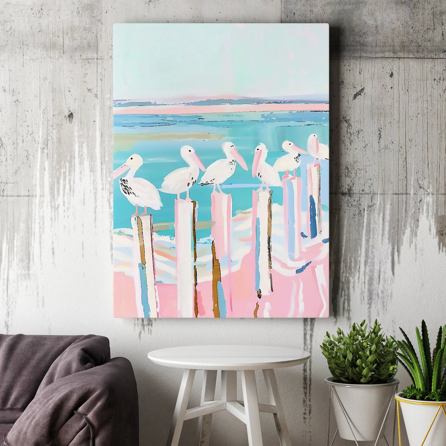 Coastal Pelican Wall Art | Abstract Pastel Seascape Painting | Premium Gallery-Wrapped Canvas Print | Beach House Home Decor Gift