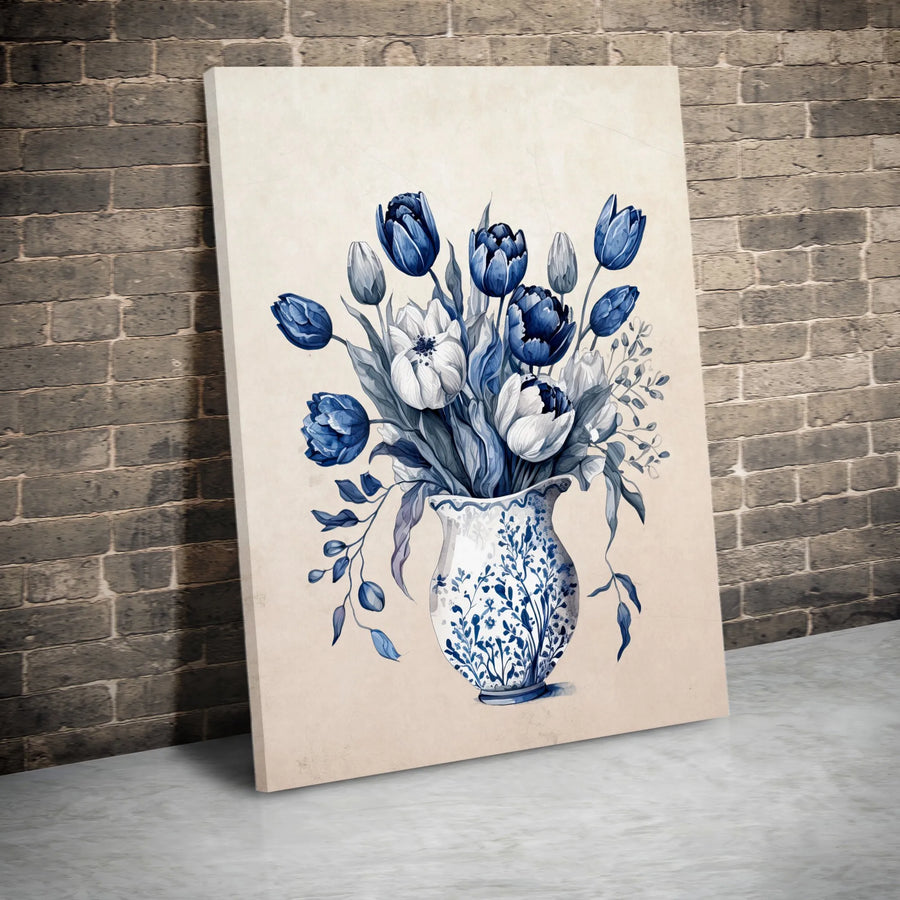 Blue Tulip Vase Canvas Wall Art | Chinoiserie Botanical Illustration | Premium Fade-Resistant Print | Grandmillennial Home Decor Gift