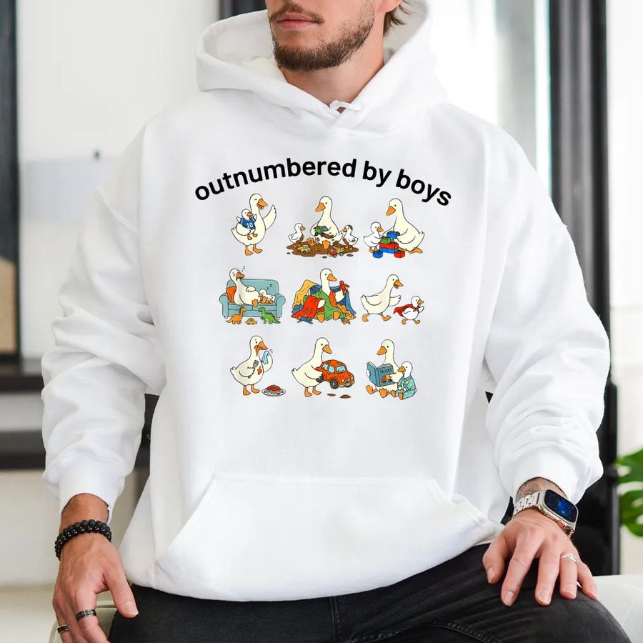 Funny Boy Mom Hoodie | Outnumbered By Boys Goose Graphic | Cozy Cotton Blend | Mothers Day Gift for Boy Mama
