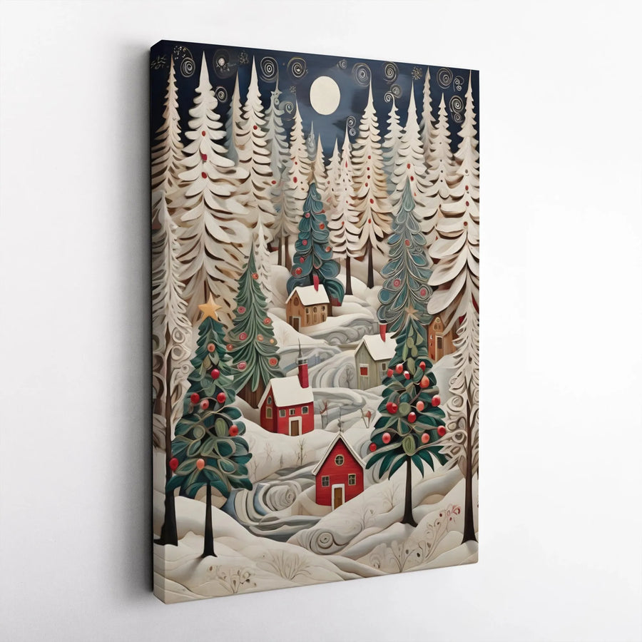 Christmas Village Canvas Print | Snowy Forest Winter Landscape Wall Art | Gallery Wrapped Premium Decor | Cozy Holiday Home Gift
