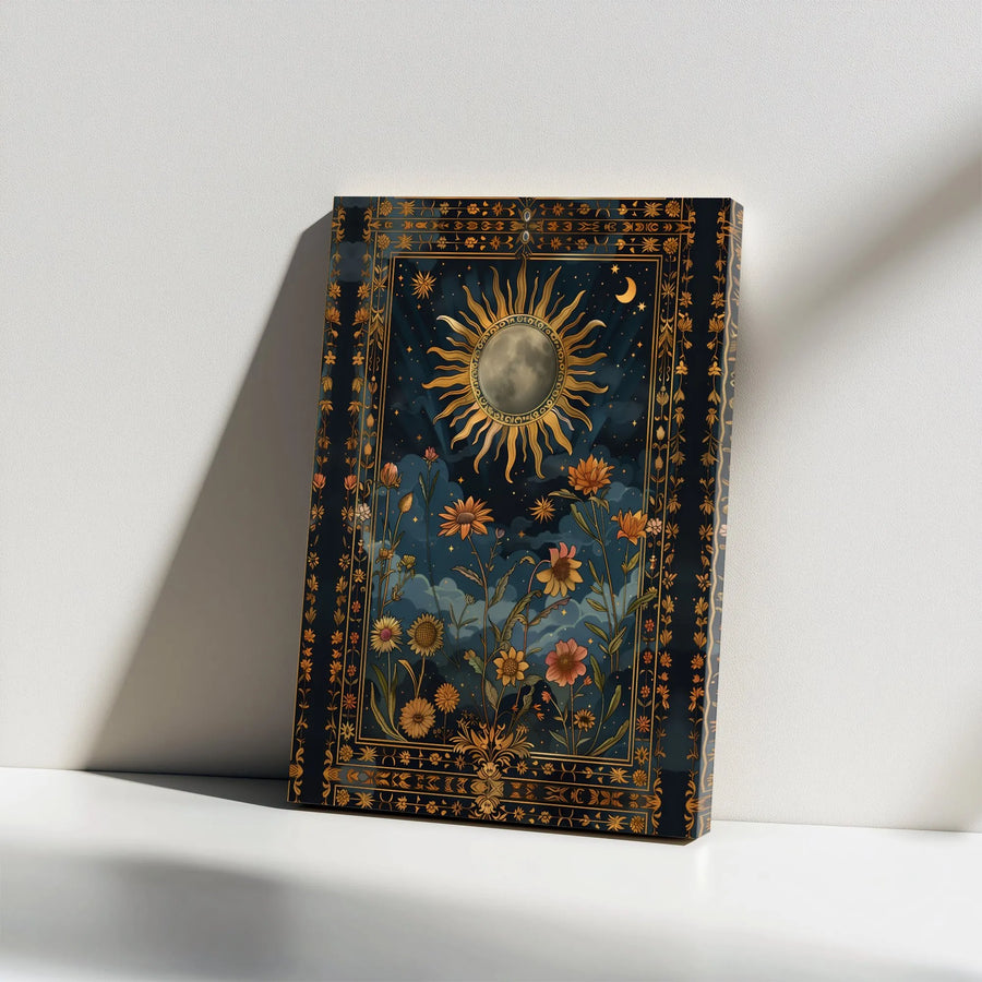 Celestial Sun and Moon Canvas Art | Mystical Wildflower Botanical Print | Premium Canvas Gallery Wrap | Boho Spiritual Wall Decor Gift
