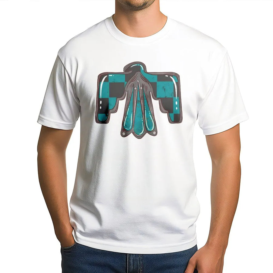 Checkered Thunderbird Graphic T-Shirt | Boho Western Turquoise Print | Premium Soft Cotton Tee | Unique Cowgirl Gift for Women