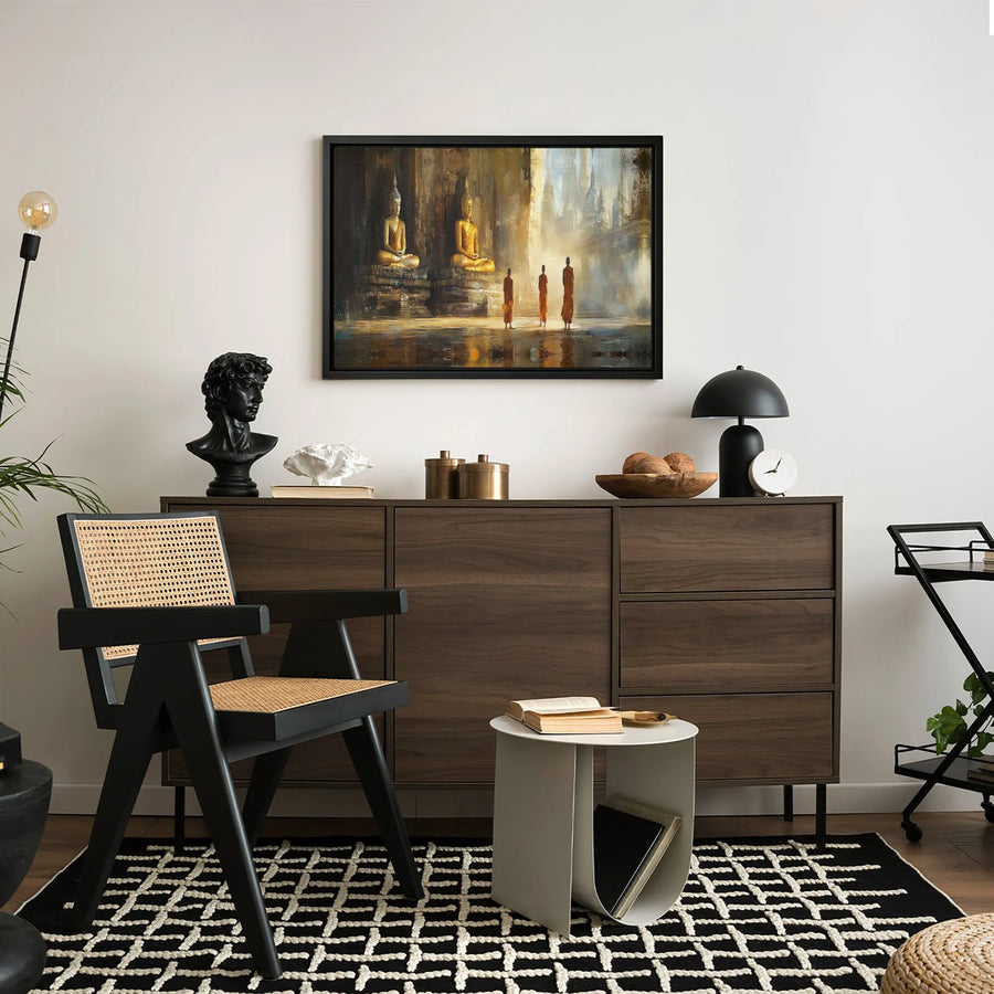 Buddhist Monk Canvas Wall Art | Golden Buddha Temple Scene | Gallery Quality Fade-Resistant Print | Zen Home Decor Meditation Room Gift