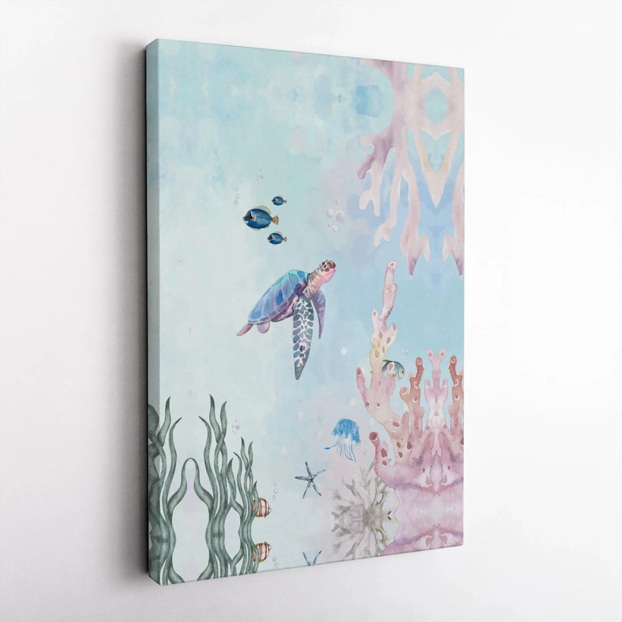 Sea Turtle Canvas Wall Art | Watercolor Coral Reef & Ocean Life | Premium Gallery Wrapped Canvas | Nautical Nursery Decor Gift