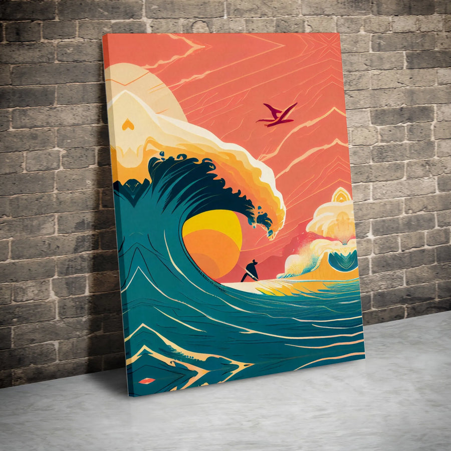 Surfer Great Wave Canvas Wall Art | Japanese Inspired Sunset Landscape | Premium Fade-Resistant Print | Coastal Home Decor Gift