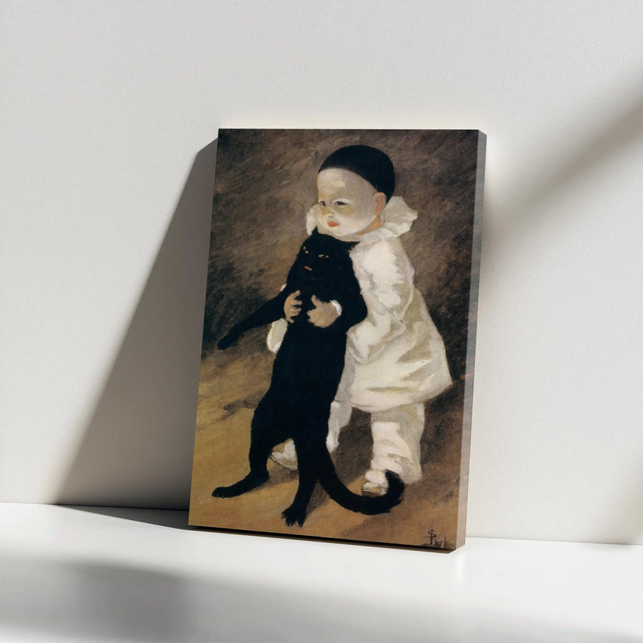 Vintage Black Cat Vertical Canvas Print | Théophile Steinlen Pierrot Child Classic Fine Art | Premium 1.25 Inch Gallery Wrap Wall Decor | Antique Painting Gift for Cat Lovers