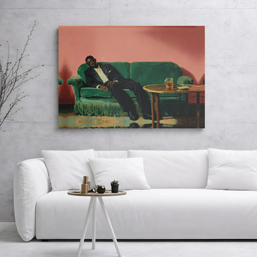 Man Resting on Green Sofa Canvas Art | Mid-Century Modern Moody Oil Painting Print | Gallery-Wrapped Premium Decor | Sophisticated Gift for Men