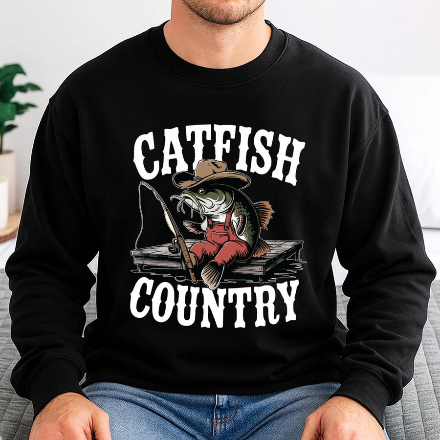 Catfish Country Graphic Sweatshirt | Funny Cowboy Fishing Cartoon Design | Premium Cotton Blend | Gift for Anglers and Fishing Lovers
