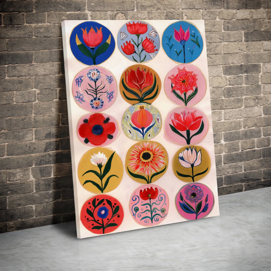 Folk Art Flower Canvas Print | Vibrant Botanical Grid Wall Art | Premium Gallery Wrapped 1.25" Profile | Bohemian Home Decor Gift