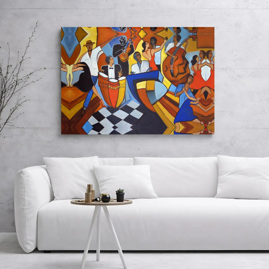 Jazz Club Canvas Wall Art | Abstract Cubist Musicians Dancers Print | Gallery Wrapped Premium Decor | Gift For Music Lovers