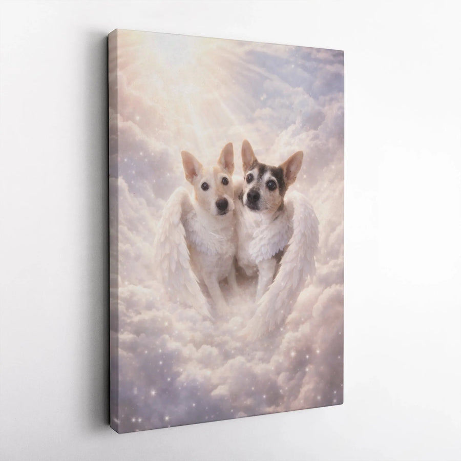 Angel Dogs Canvas Wall Art | Two Dogs with Wings in Heaven Portrait | Premium Stretched Canvas | Pet Loss Sympathy Gift for Dog Owner