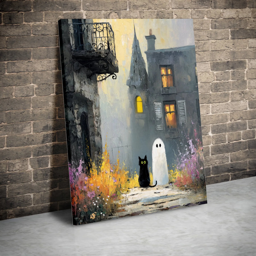 Ghost and Black Cat Canvas Art | Whimsical Spooky Town Illustration | 1.25 Inch Gallery Wrap | Halloween Home Decor Gift