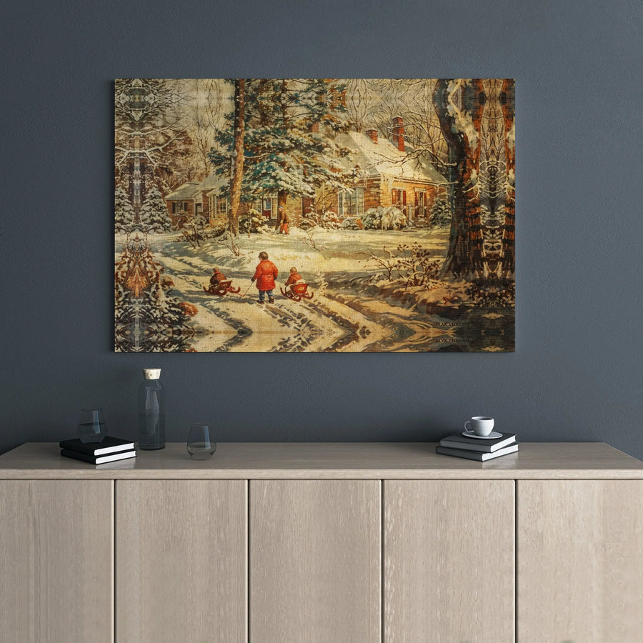 Vintage Winter Landscape Canvas | 1905 Sledding Children Art Print | 1.25" Gallery Wrap Premium Wall Decor | Cozy Holiday Home Gift for Winter Lovers