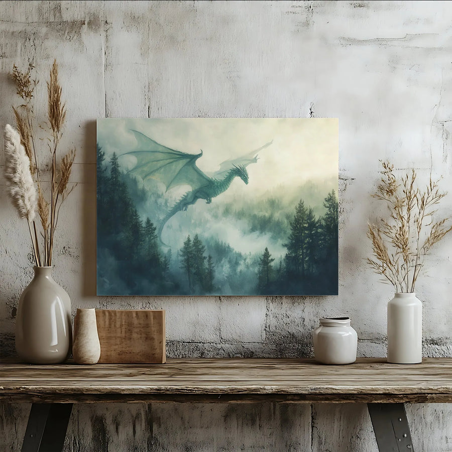 Fantasy Dragon Canvas Wall Art | Misty Pine Forest Landscape | 1.25" Gallery Wrap | Premium Mythical Creature Decor for Bedroom or Living Room