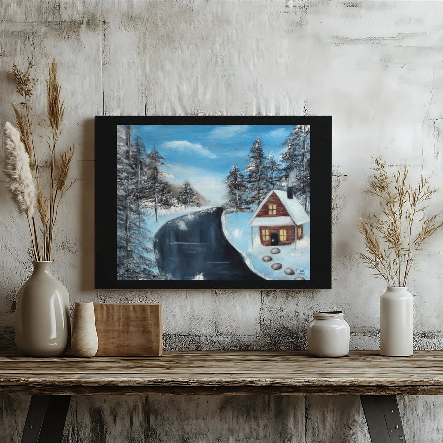 Winter Cabin Canvas Print | Snowy Landscape River Scene Wall Art | Gallery Wrapped Premium Canvas | Cozy Seasonal Home Decor Gift