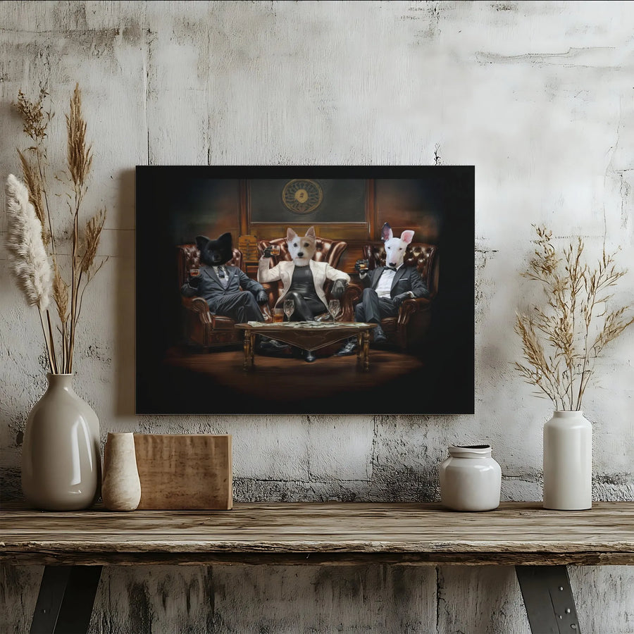 Dog Gangster Wall Art | Three Dogs In Suits Drinking Whiskey | Premium Gallery Canvas | Unique Man Cave Decor Gift