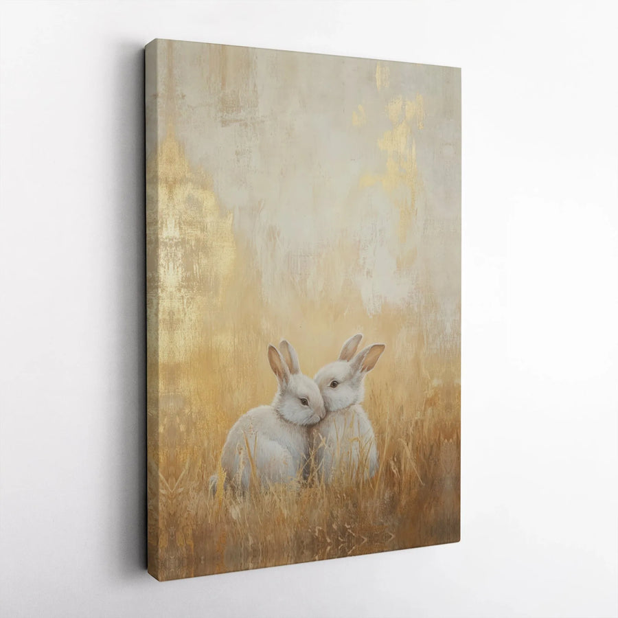 Two White Rabbits Canvas Wall Art | Golden Meadow Aesthetic Decor | Premium Fade-Resistant Gallery Print | Gift for Nature Lovers & Nursery
