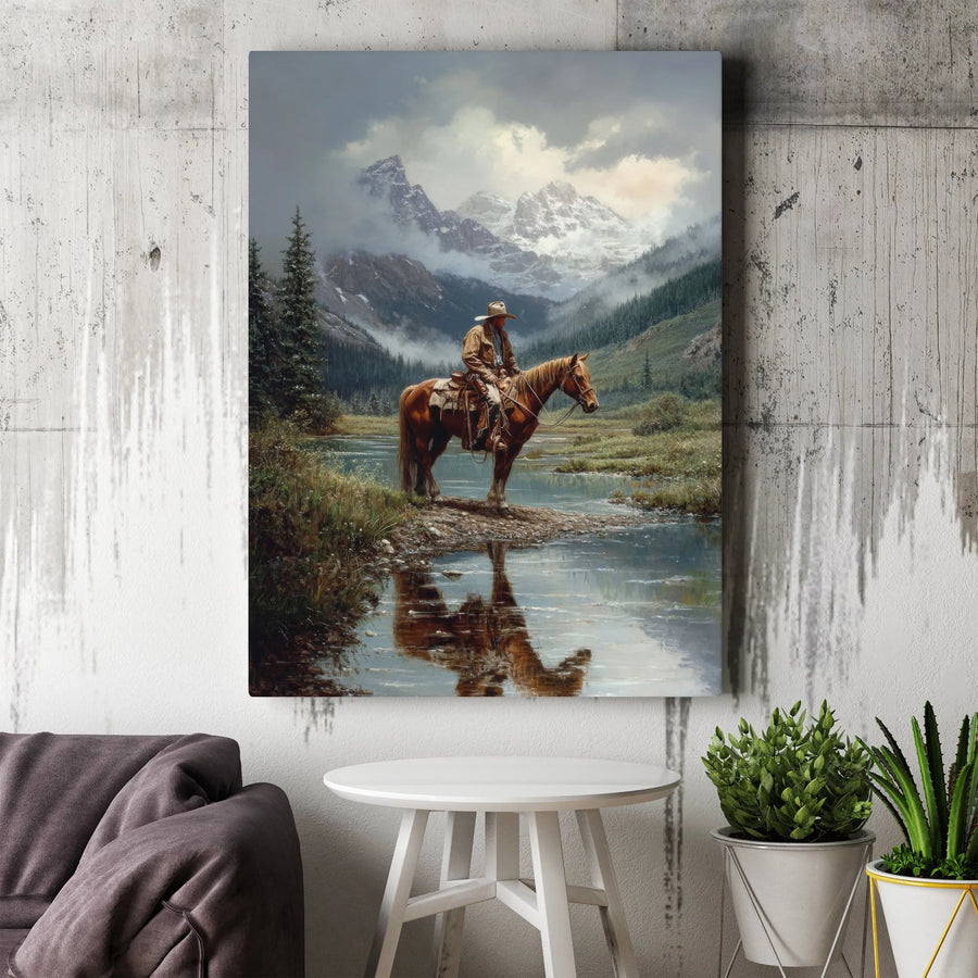 Western Cowboy Canvas Wall Art | Realistic Mountain Rider Painting | Premium Thick Gallery Canvas | Rustic Lodge & Cabin Decor Collector's Gift