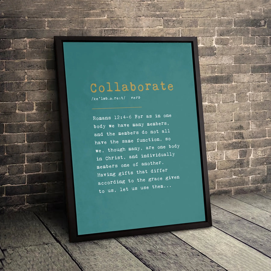 Collaborate Bible Verse Canvas | Romans 12:4-6 Definition Wall Art | Gallery Quality Framed Print | Christian Home Decor Gift for Office