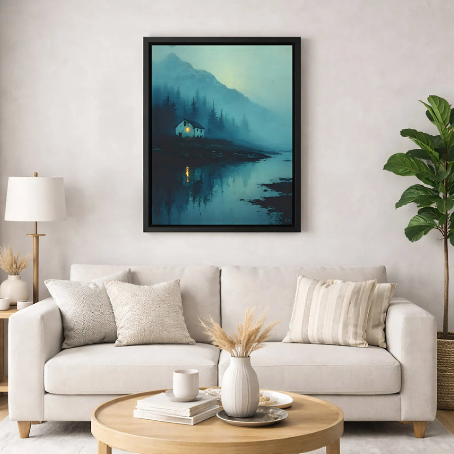 Misty Mountain Cabin Canvas Wall Art | Moody Forest Landscape Print | 1.25-Inch Premium Gallery Wrap | Atmospheric Home Decor Gift