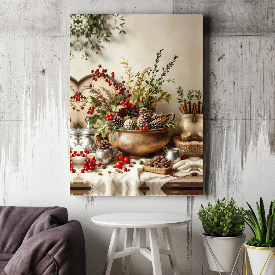Christmas Still Life Canvas Print | Festive Pine Cones, Berries & Cinnamon Decor | 1.25" Gallery Profile | Seasonal Holiday Home Wall Art