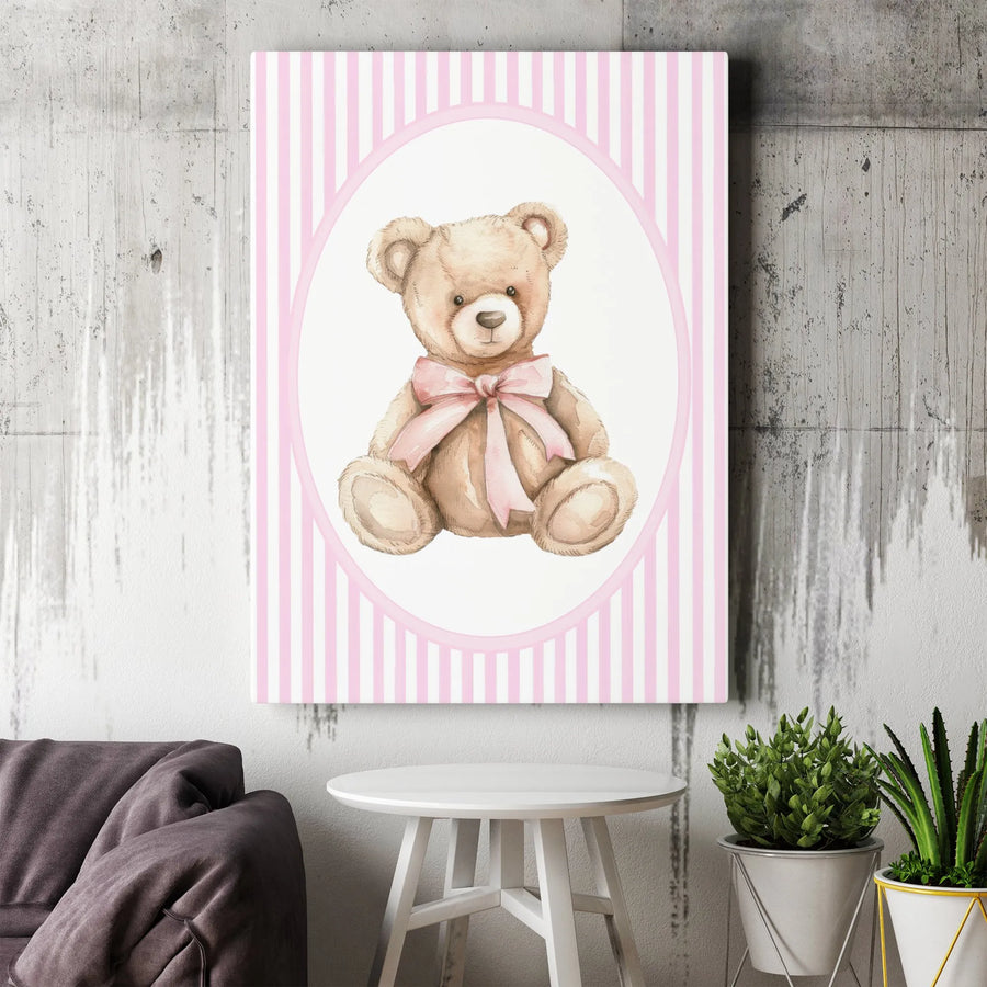 Watercolor Teddy Bear Wall Art | Cute Nursery Decor with Pink Bow | Premium Gallery-Wrapped Canvas Print | Baby Girl Bedroom Gift Idea