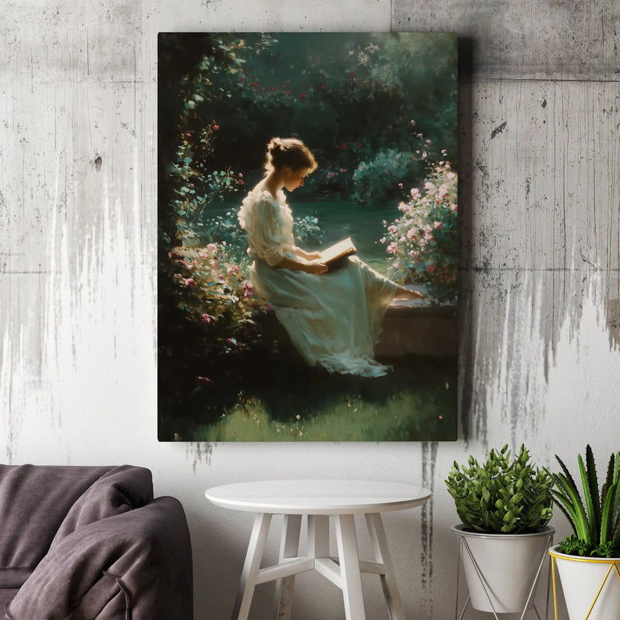 Romantic Reading Canvas Print | Victorian Woman in Garden Painting | Premium Gallery Wrap Canvas | Light Academia Decor Gift for Book Lovers