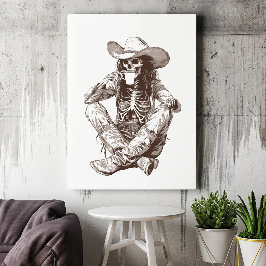 Cowgirl Skeleton Wall Art | Western Coffee Lover Canvas Print | Premium Gallery Wrapped Decor | Unique Cowboy Aesthetic Gift for Home Office