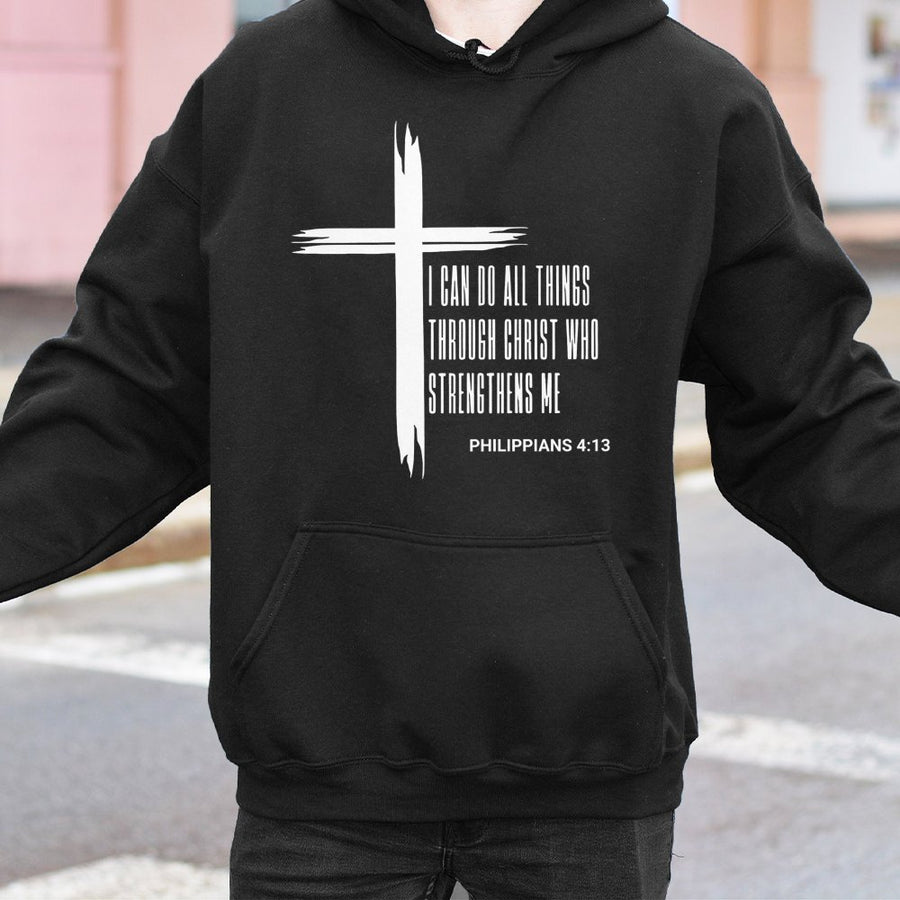 Philippians 4:13 Hoodie | I Can Do All Things Through Christ Cross Design | Premium Cotton-Polyester Blend | Religious Gift for Men and Women