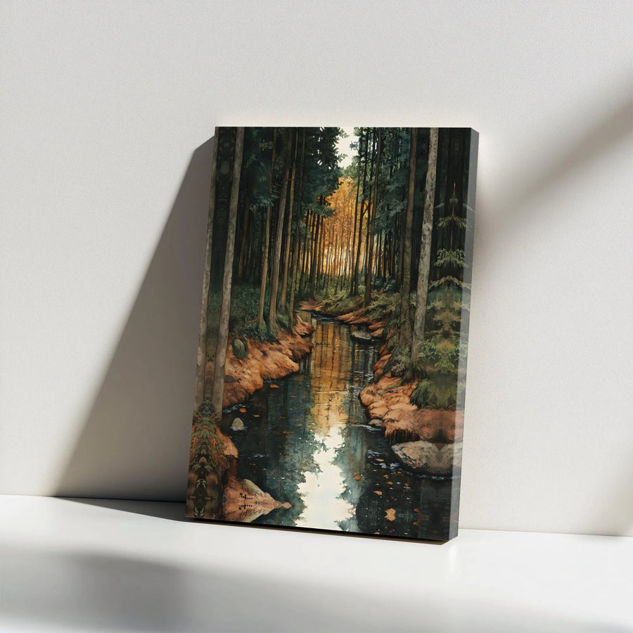Autumn Forest Stream Canvas Wall Art | Serene Woodland Landscape Painting | Premium Gallery Wrap Print | Nature-Inspired Home Decor Gift