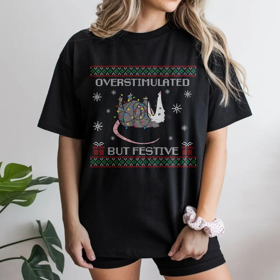 Overstimulated But Festive Possum T-Shirt | Funny Christmas Holiday Design | Premium Soft Cotton | Unique Gift For Animal Lovers And Meme Fans