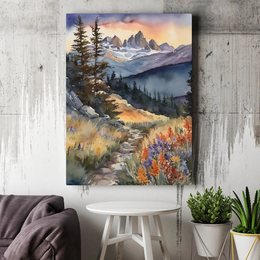 Watercolor Mountain Trail Canvas Art | Sunset Wildflowers Landscape Print | Gallery Wrapped Premium Wall Decor | Nature Lover Gift for Home Office