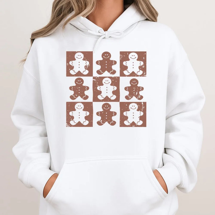 Gingerbread Man Hoodie | Retro Checkered Christmas Pattern | Premium Soft Cotton Blend | Cute Holiday Gift for Her