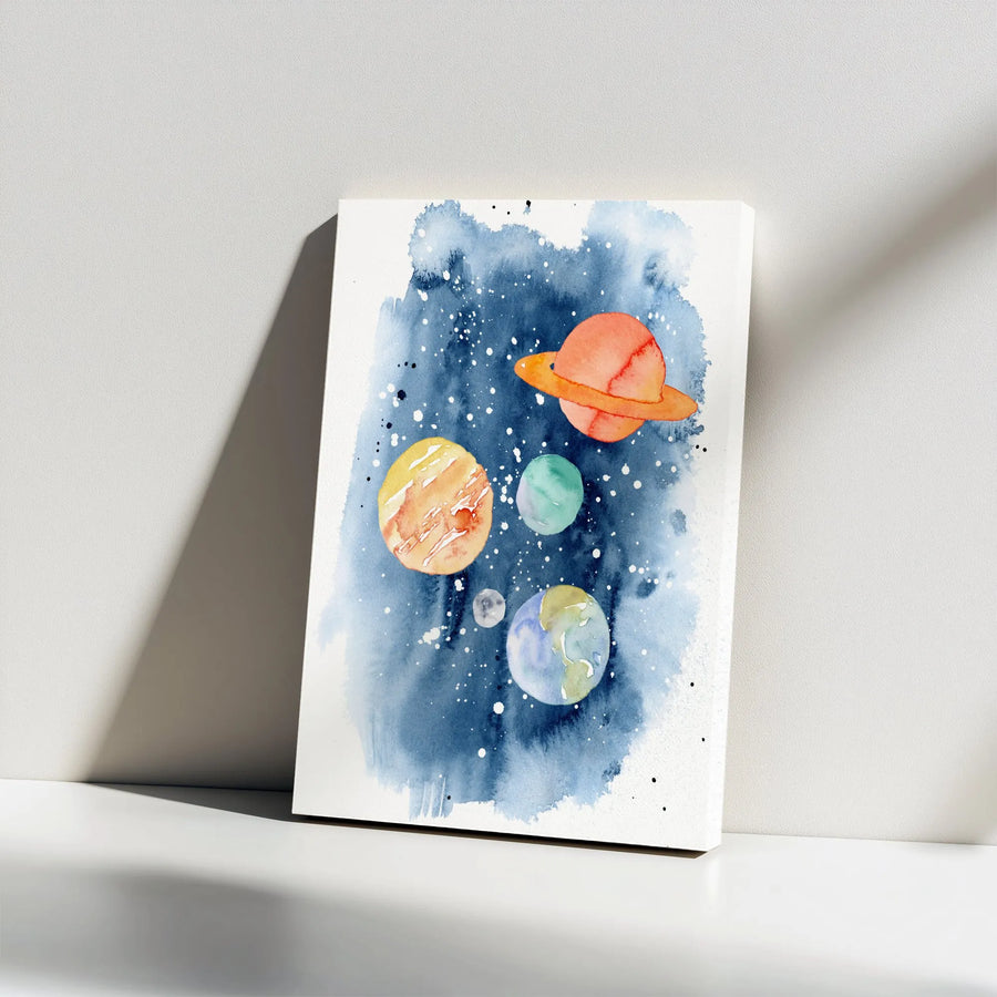 Watercolor Planets Vertical Canvas | Solar System Space Art Print | Premium Gallery Wrapped Wall Decor | Gift for Kids Room or Nursery Decor